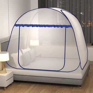 Imagem de Rede de Mosquiteiro Yurt Dupla para Cama – Proteção Anti-Mosquito, Sem Instalação, Fibra de Poliéster com Suporte de Aço Inoxidável(1.2米寬*2.0米長【全底防摔】,單門【雲頂寶藍】加大空間)