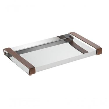 Imagem de Bandeja Inox Retangular Com Alças De Couro Grande 40x27 Cm Aparador Bar Bebidas Decorativa Casa