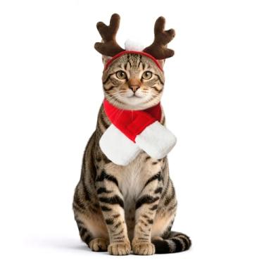 Imagem de LESYPET Fantasia de rena de gato, chifre de veado de Natal com cachecol vermelho para o Natal, roupa de Papai Noel para filhotes e gatos