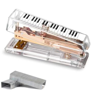 Imagem de Lindo grampeador de mesa em ouro rosa – Design acrílico transparente com padrão de nota musical e teclado de piano, para casa, escritório e presente para amantes de música (teclado de piano)