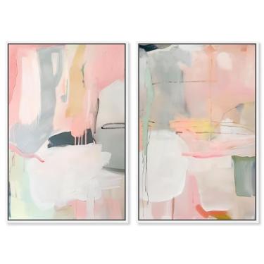 Imagem de Blush Oasis Minimalista Conjunto de 2 Painéis Impressão em Tela Sala de Estar Arte de Parede por Art Remedy, Moldura Branca, 40,6 x 61 cm