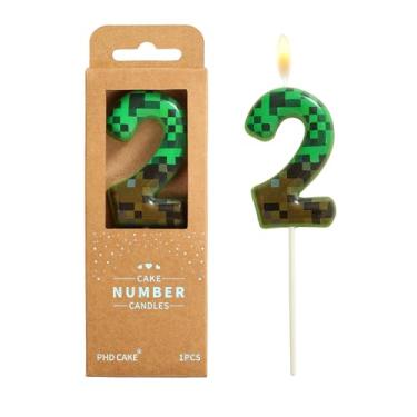 Imagem de PHD CAKE Velas de aniversário de 2,76 polegadas, número de 2 pixels, velas verdes com número de mineiro, velas com número de bolo, celebração de festa, vela estilo