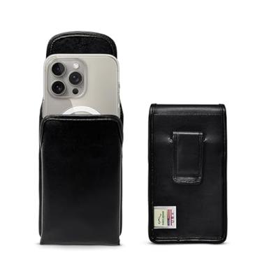 Imagem de Turtleback Coldre de telefone de couro premium para iPhone 16 Pro, 16e, 15 Pro 14 Pro 13 Pro, pequeno – suporte de cinto preto para capas Slim MagSafe – Coldre com clipe de cinto de couro exclusivo