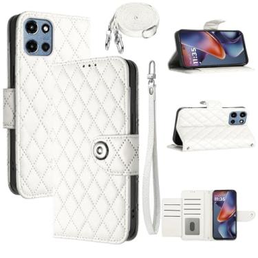 Imagem de Dswteny Capa carteira para Motorola Moto G 5G 2025 com alça de ombro, padrão Argyle PU couro flip porta-cartão capa para celular para G5G 5 G G5 meninas mulheres branca