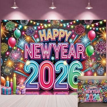 Imagem de Pano de fundo neon feliz ano novo 2026 balões coloridos de fogos de artifício véspera de ano novo fundo de fotografia Cheers to 2026 banner, adereços para cabine de fotos, 1,5 x 1,2 m