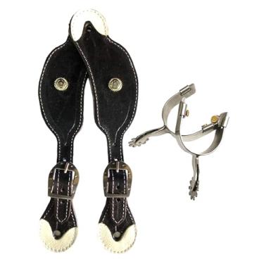 Imagem de Kit Espora Quarto De Milha Inox Com Par de Correia QM Luxo, Couro legítimo, Apliques Decorativos, Acabamento Com Ferragens INOX com alta durabilidade. (Preto)