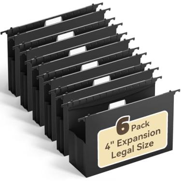 Imagem de Ansook Pastas de arquivo suspensas de plástico tamanho legal, pasta de arquivos de expansão resistente de 10 cm com abas de 1/5, pacote com 6 pastas suspensas sanfonadas de capacidade extra, pasta de