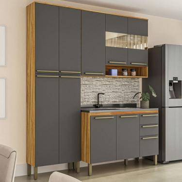 Imagem de Armário de Cozinha com Balcão e Tampo 10 Portas 2 Gavetas Xangai 100% Mdf Vidro Reflecta Amêndoa/Cinza - Pnr Móveis