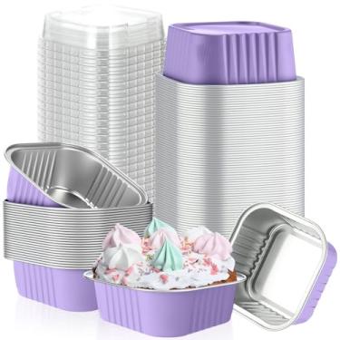 Imagem de Skylety 100 peças, mini assadeira quadrada de 142 g com tampa, forma de cupcake de alumínio, copo de brownie, ramequins descartáveis, recipientes individuais de estanho para cozinha, material de grau
