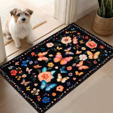 Imagem de Acetiamin Tapete de área lavável à máquina, tapete de entrada floral vintage pequeno antiderrapante para porta da frente, tapete de porta interior de pilha baixa para entrada, quarto, sala de jantar e
