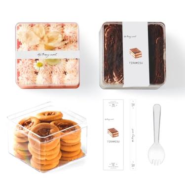 Imagem de Caixas quadradas de plástico para sobremesa com tampas e garfos, embalagem para assados, recipientes de tiramisu de biscoito para frutas, pudim, mousse, copos de parfait com tampas (8, caixas de 425 g