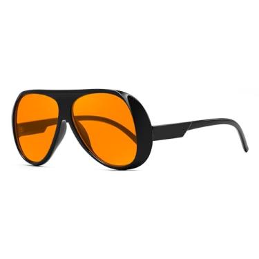 Imagem de FEISEDY Óculos de sol aviador retrô extragrande feminino masculino moderno vintage estilo anos 70 grande escudo quadrado B0344, Armação preta, lente laranja, 55mm