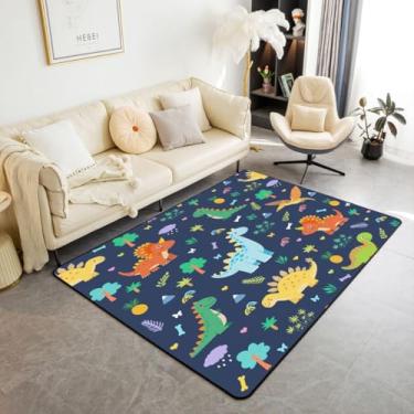 Imagem de Feelyou Tapete infantil fofo de dinossauro, 3 x 5, poliéster, para sala de estar, para quarto, desenho animado, animal, tapete azul marinho, macio, antiderrapante