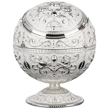 Imagem de Cinzeiro vintage de metal com tampa Globo de vidro prateado à prova de vento - Portátil para uso interno e externo para hotel, sala de estar, escritório, decoração com detalhes de rosa, presente