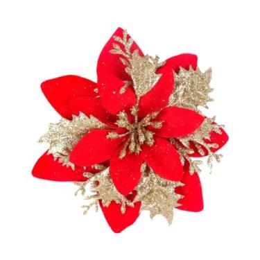 Imagem de Flores de Poinsétia Artificial com Glitter (10/5 Peças) - 15cm - Decor