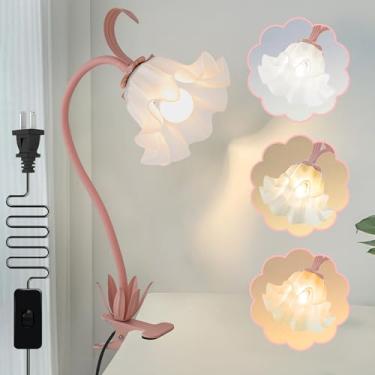 Imagem de Lâmpada de mesa de flores, luz de leitura de LED, lâmpadas de clipe de rotação de 360°, luz noturna de cabeceira de flores vintage, 3 modos de cores, decoração de livros para quarto, cama, cabeceira