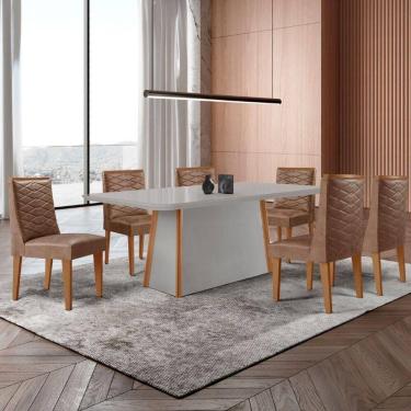 Imagem de Mesa De Jantar Diane 180cm Tampo Mdf Vidro 6 Cadeiras Safira Moderna Tork Serigrafia Off White