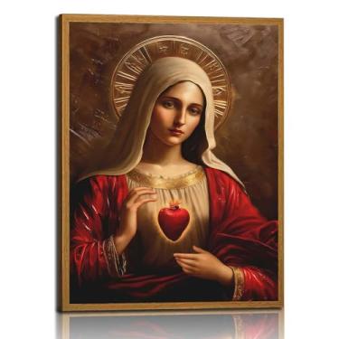 Imagem de Impressão de arte de parede em tela do Imaculado Coração de Maria emoldurada Católica Religiosa Imagem de Maria mãe de Deus para decoração de igreja em casa galeria arte 61 x 40 cm pronto para