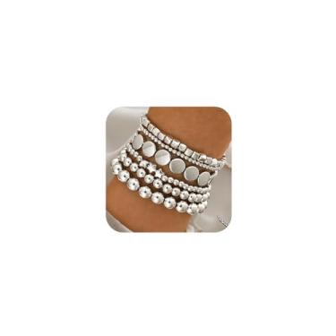 Imagem de YNZGYBY Conjunto de 6 peças de pulseiras douradas com contas de estrelas para mulheres, moda, empilháveis, elásticas, contas redondas, pulseiras, moedas, vintage, hippie, joias elásticas, Large, Zinco