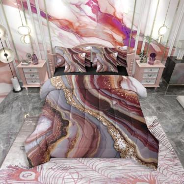 Imagem de Erosebridal Conjunto de edredom King marrom avermelhado e dourado com lençol | Cama de mármore gradiente em uma bolsa, conjunto de cama abstrato com glitter dourado, 7 peças, conjunto de cama de pedra