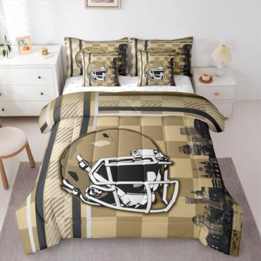 Imagem de Jogo de cama king size com estampa de cidade de futebol americano, 7 peças, jogo de cama esportivo de rúgbi, com capacete de futebol americano, conjunto de cama esportiva europeia, preto, cáqui e