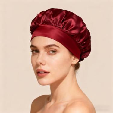 Imagem de Touca de dormir de cetim bordô para mulheres, boné noturno elegante de banda larga para proteção natural do cabelo, ajustável