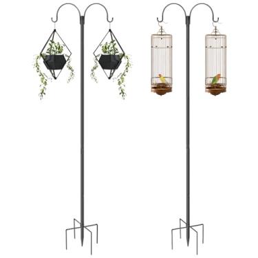 Imagem de OKYMOTOR Ganchos Shepherds para uso externo, 2 unidades de poste alimentador de pássaros com base de 5 pinos, gancho de pastor de jardim resistente ajustável para pendurar cesta de flores, luz solar
