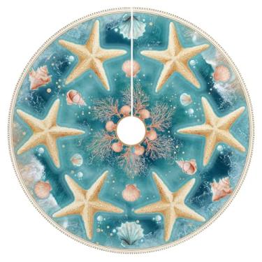 Imagem de Saia para árvore de praia, para árvore de Natal, 121 cm, tapete de árvore com tema de praia para o ano novo, dia das bruxas, decorações internas e externas, para a família