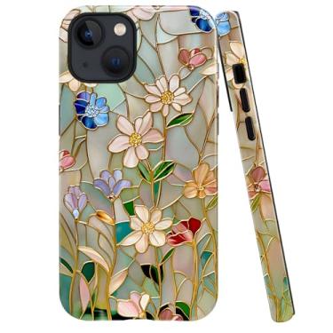 Imagem de Capa para iPhone 14 Plus, capa brilhante para meninas e mulheres, vitrais florais coloridos