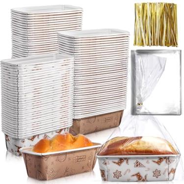 Imagem de Teenyyou 100 conjuntos de formas de pão de papel de Natal 15 x 5 x 5 cm mini formas de pão descartáveis com sacos de plástico transparente e laços retangulares recipientes de pão para assar bolo de