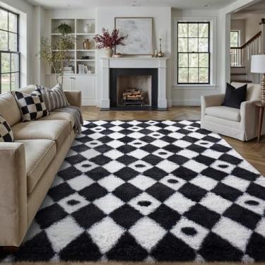 Imagem de PureCozy Tapete quadriculado, 20 x 25 cm, fofo, fofo, para sala de estar, preto e branco, tapete lavável moderno, macio, felpudo, antiderrapante, para uso interno, para quarto, dormitório, escritório