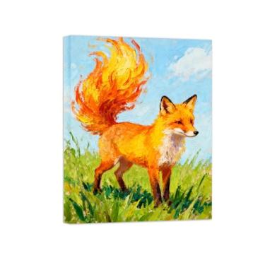 Imagem de Animais Pintura Arte Parede - Raposa no Gramado - Impressões em tela - Moderno Colorida Pôster para decoração sala de estar 60x80cm Tela Embrulhada