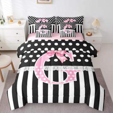 Imagem de jejeloiu Conjunto de edredom com laço rosa com 7 peças, tamanho Queen, letra G, para meninos e meninas, branco, monograma, estilo princesa, decoração de quarto, iniciais G