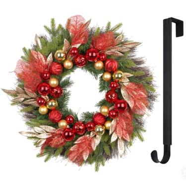 Imagem de YUGALI Guirlanda de Natal artificial pré-iluminada de 66 cm para porta da frente – Verde de pinheiro Norfolk feito à mão com decoração de bola vermelha e dourada, Natal de LED para decoração de Natal