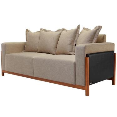 Imagem de Sofá 04 Lugares Para Sala De Estar 218 cm Khali B04 Linho Bege Escuro Couríssimo Preto - Lyam