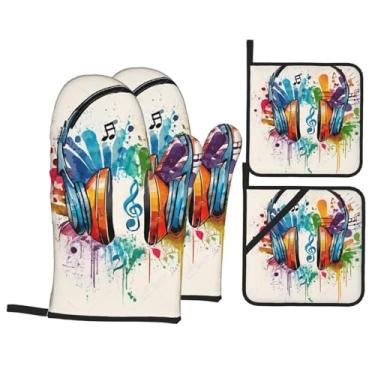 Imagem de Conjunto de luvas de cozinha estampadas estilo grafite musical com suportes de tampa, luvas de forno resistentes ao calor para manusear panelas quentes, grelhar, churrascos, kit de 4 peças.