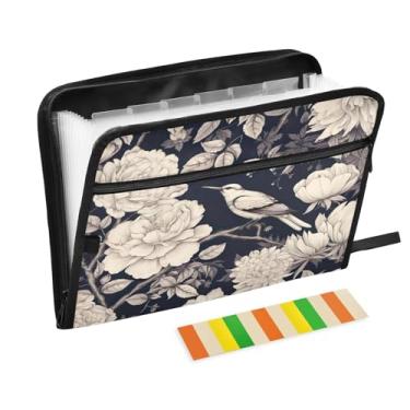 Imagem de Wassud Flores brancas e pássaros, 13 bolsos, organizador de arquivos sanfonados, pastas expansíveis com abas e adesivos, organizador de pastas de documentos de recibo de papel tamanho carta A4 para
