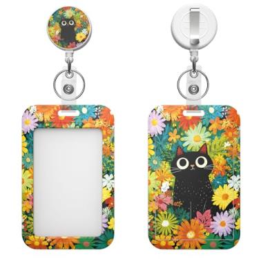 Imagem de Porta-crachá retrátil com clipe de mosquetão e chaveiro, várias opções de padrões, bonito e moderno (gato margarida colorida)