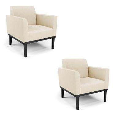 Imagem de Kit 2 Poltronas Base De Madeira Fixa Preto Marisa Linho Bege A19 D03 - D'Rossi