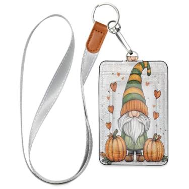 Imagem de Wassud Lindo porta-crachá de couro PU de gnomo de desenho animado com cordão, porta-cartão de identificação para trabalho, cordão de pescoço com compartimentos para cartões de crédito, funcionários