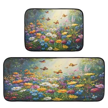 Imagem de Qilmy Tapetes de cozinha de flores silvestres e borboletas, 2 peças, tapete de entrada frontal, antiderrapante, alivia a fadiga, lavável, tapete para cozinha, quarto, varanda368