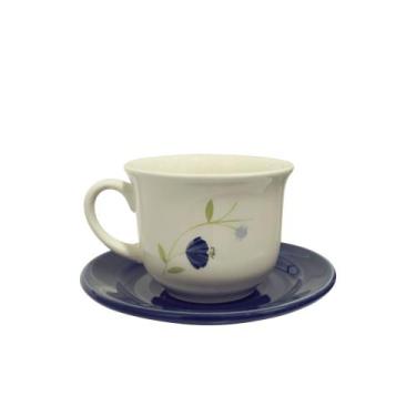 Imagem de Xícara de Chá com Pires Oxford Flores Azuis em Cerâmica 200ml, UNICA