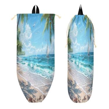 Imagem de xigua Suporte de parede para saco plástico de cena de praia bonito com cordão 1 pacote, organizador de sacolas de supermercado reutilizável para bolsas, meias, roupas íntimas e gravatas