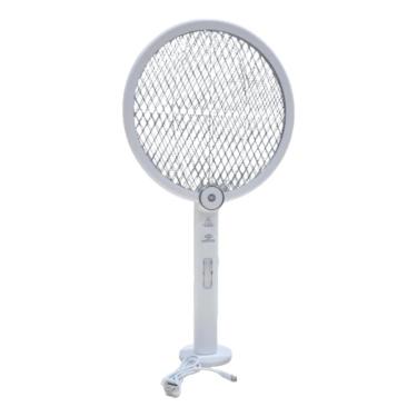 Imagem de Raquete Elétrica Mata Mosquitos Recarregável USB, Luz UV, Dobrável, Branca, 47x23cm, 2 Camadas