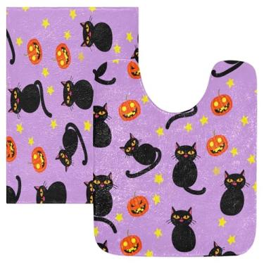 Imagem de Burbuja Conjunto de tapetes de banheiro de gatos pretos Pumpkins, tapete de banho macio e absorvente, base de vaso sanitário antiderrapante para banheiro