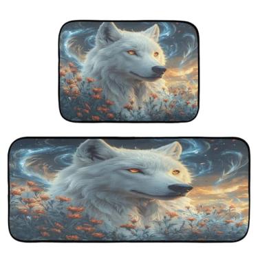 Imagem de STAYTOP Tapete de cozinha de lobo branco com olhos brilhantes, 2 peças, tapete de entrada frontal, antiderrapante, alivia a fadiga, lavável, tapete para cozinha, quarto, varanda