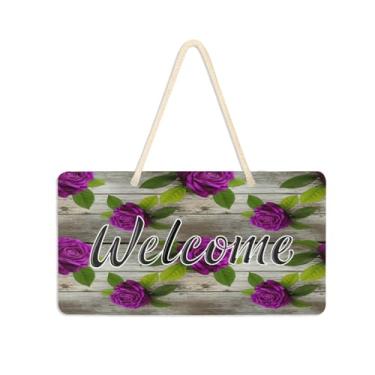 Imagem de Burbuja Placa de boas-vindas de rosas na tábua de madeira para porta da frente, placa de boas-vindas de PVC para decoração de férias de casa de fazenda, 15 x 28 cm