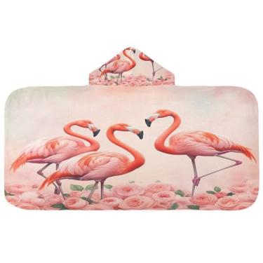 Imagem de Burbuja Toalha de banho com capuz flamingos rosa para crianças, toalha de praia de pelúcia macia absorvente para meninas e meninos 3-10 anos, 61 x 127 cm