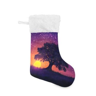 Imagem de xigua Árvore de carvalho ao pôr do sol, meia de Natal, personalizada, grande, doces, presente pendurado, meias de Natal, decoração para decoração de festa de férias em família, lareira