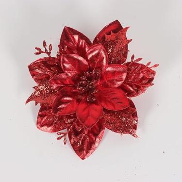 Imagem de Flores de Natal com glitter artificial, enfeite de flores falsas de pano de plástico com clipes, festa de Natal, árvore de Natal, decoração artesanal DIY (vermelho - 2 peças)